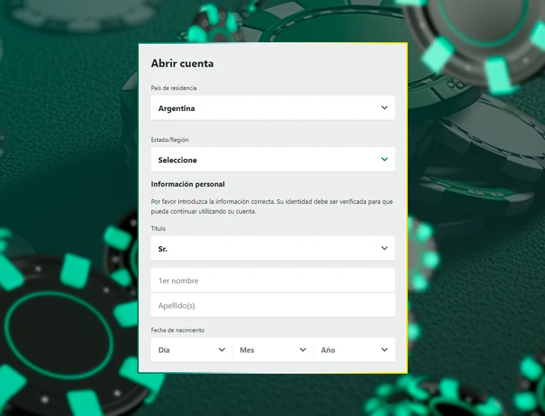 Introducir país de residencia e información personal